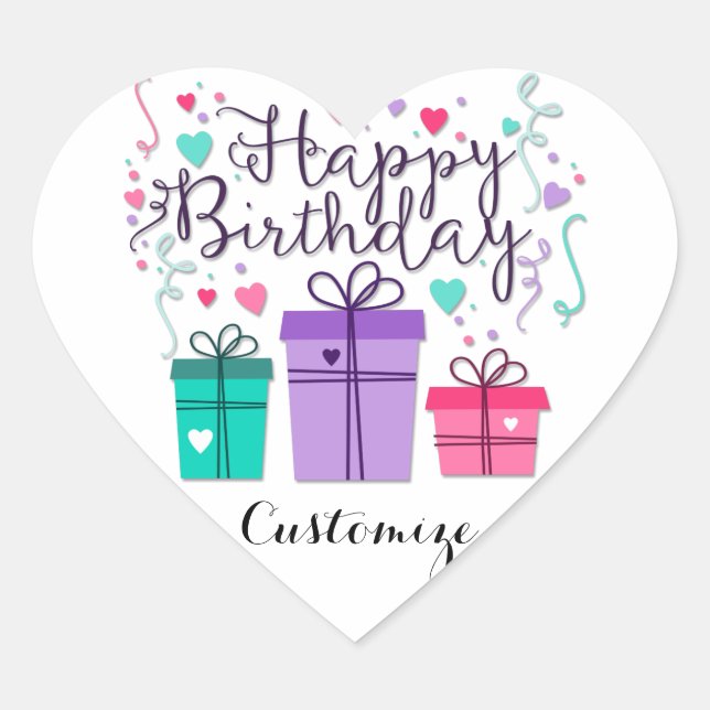 Happy Birthday Gift Boxes on White Customise Heart Sticker (Front)