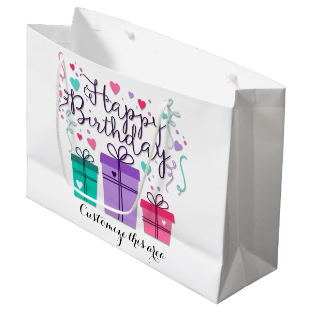 Happy Birthday Gift Boxes on White Customise Large Gift Bag (Front Angled)