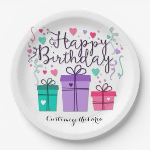 Happy Birthday Gift Boxes on White Customise Paper Plate