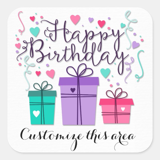 Happy Birthday Gift Boxes on White Customise Square Sticker (Front)