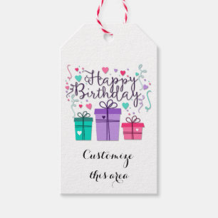 Happy Birthday Gift Boxes on White Customise Tags