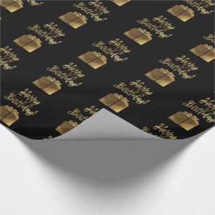 Happy Birthday Gift Pattern Black Gold Typography Wrapping Paper