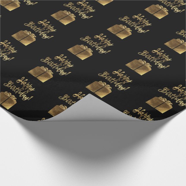 Happy Birthday Gift Pattern Black Gold Typography Wrapping Paper (Corner)