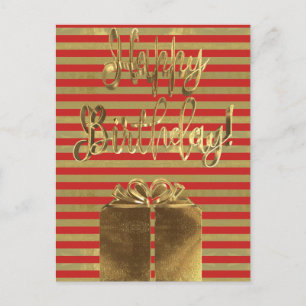 Happy Birthday Gift Red Gold Typography Striped Postcard