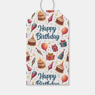 Happy Birthday Gift Tags with Balloons and Cake