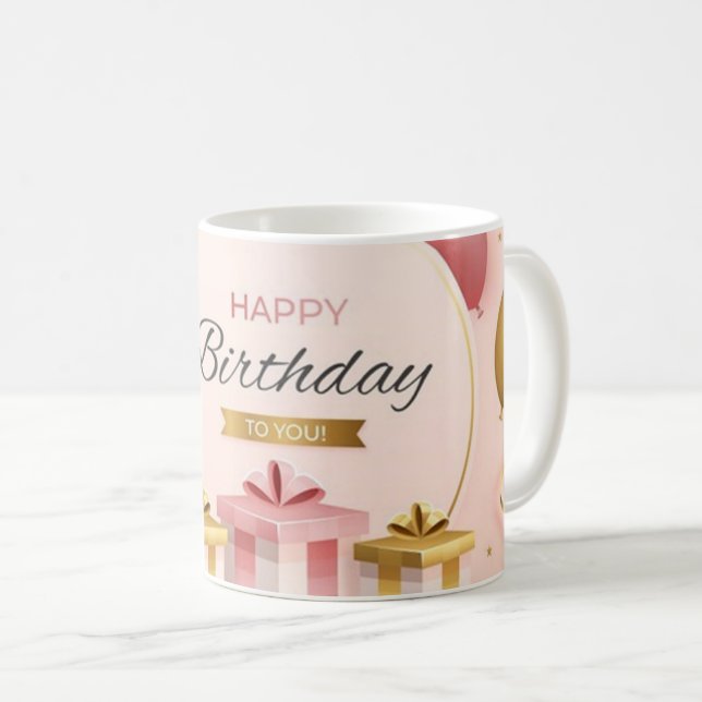 happy birthday gifts love cake gold pink balloons coffee mug (Front Right)