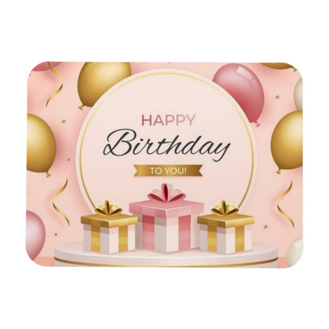 happy birthday gifts love cake gold pink balloons magnet (Horizontal)