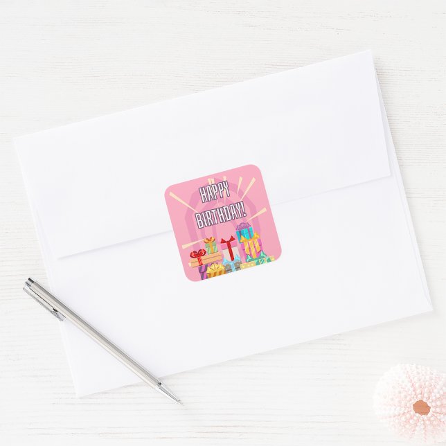 Happy Birthday Gifts On Pink Square Sticker (Creator Uploaded)