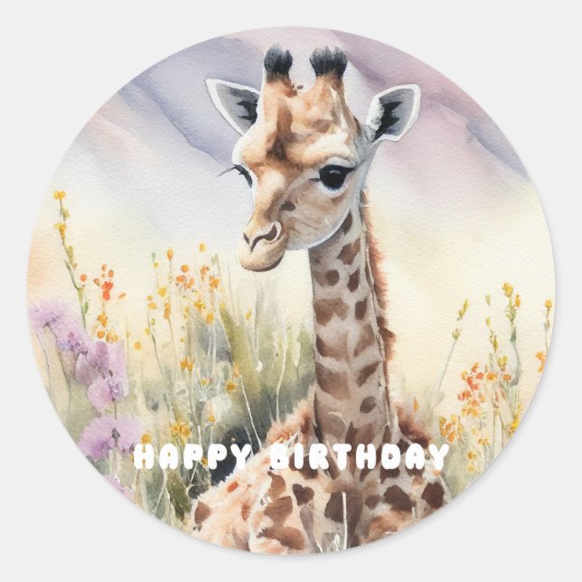 Happy Birthday Giraffe Classic Round Sticker (Front)
