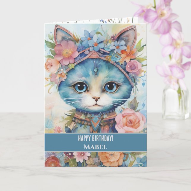 Happy Birthday Girl Blue Cat Wide Eyes Floral Card (Orchid)