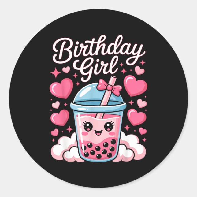 Happy Birthday Girl Cute Nk Bow Bubble Boba Tea An Classic Round Sticker (Front)