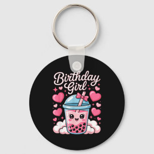 Happy Birthday Girl Cute Pink Bow Bubble Boba Tea Key Ring