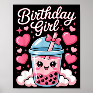 Happy Birthday Girl Cute Pink Bow Bubble Boba Tea Poster