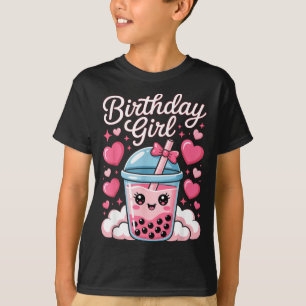 Happy Birthday Girl Cute Pink Bow Bubble Boba Tea T-Shirt
