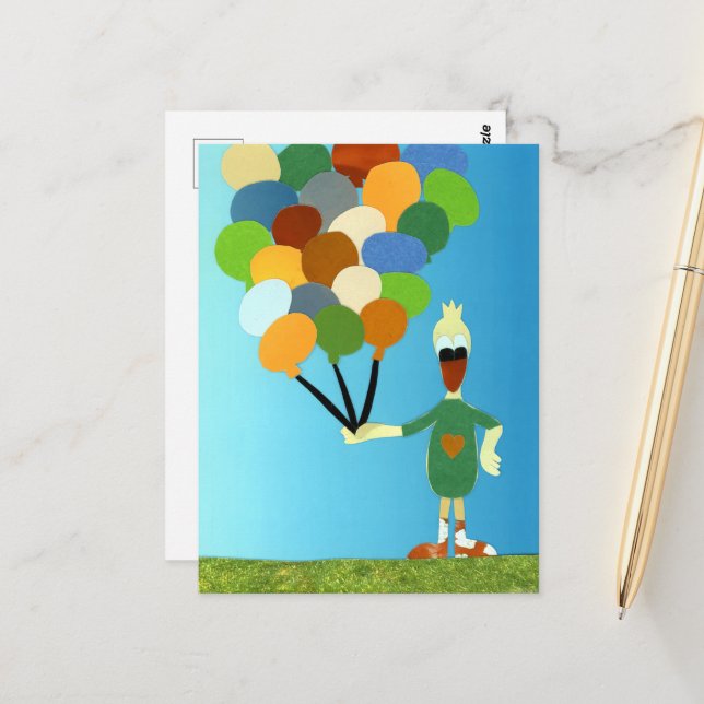 Happy Birthday Girl Duck Sending Colorful Balloons Postcard (Front/Back In Situ)
