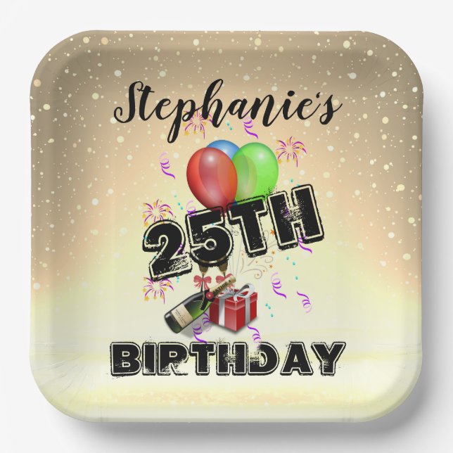 Happy Birthday Girl Gold And Balloons Paper Plates (Front)