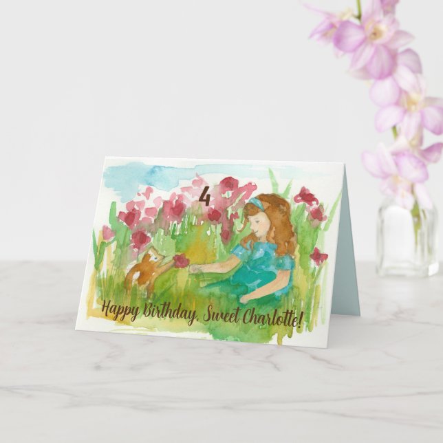 Happy Birthday Girl Kitten Custom Age Name Card (Orchid)