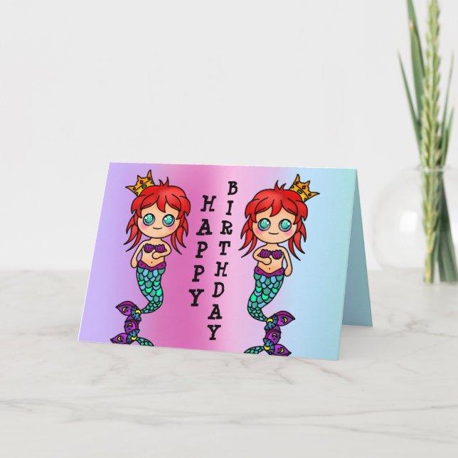 Happy Birthday Girl Mermaid Cute Cat Ocean Card (Front)
