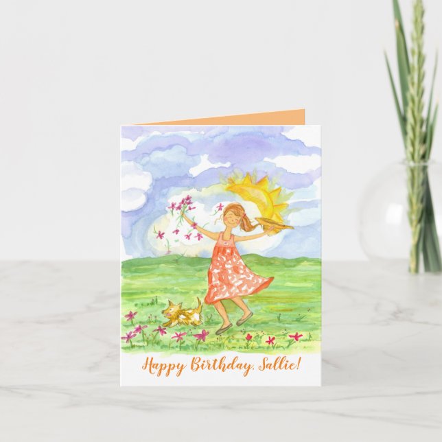 Happy Birthday Girl Pet Dog Flowers Custom Name Holiday Card (Front)