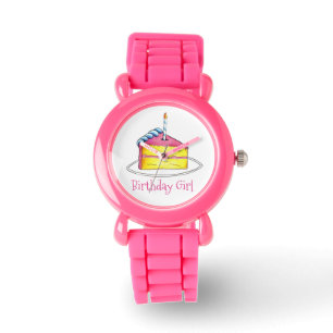 Happy Birthday Girl Pink Cake Slice w Candle Watch