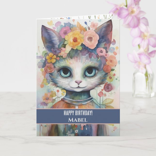 Happy Birthday Girl Purple Cat Wide Eyes Floral Card (Orchid)