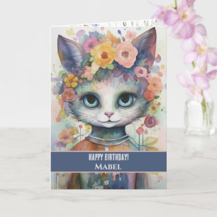 Happy Birthday Girl Purple Cat Wide Eyes Floral Card