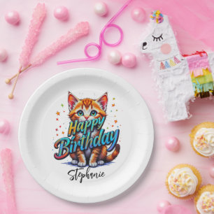 Happy Birthday Girl Quote And Cat Paper Plate