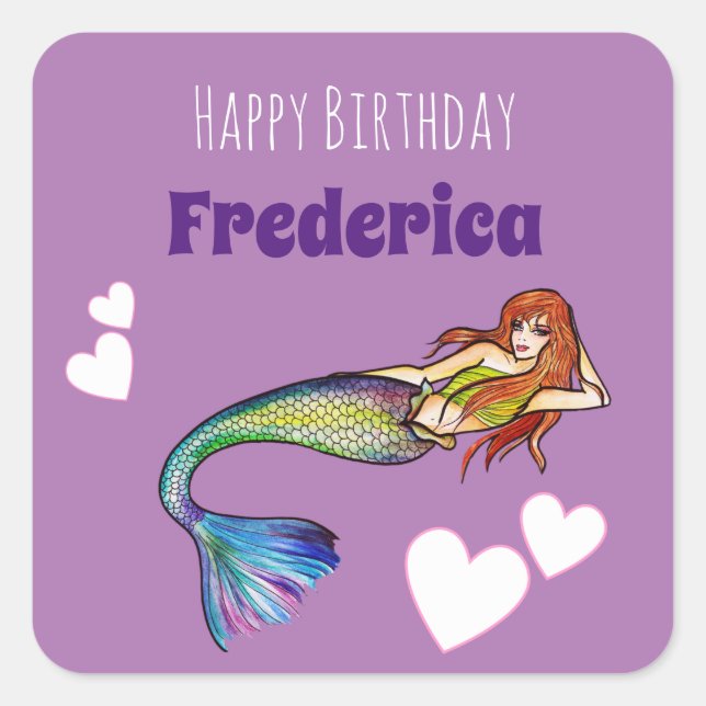 Happy Birthday Girl Rainbow Mermaid Illustration Square Sticker (Front)