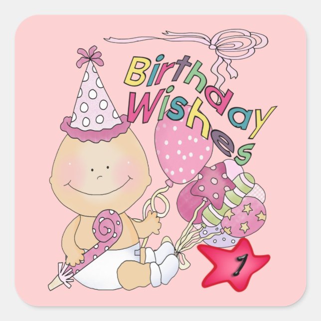 Happy Birthday Girl wishes 1 Year Old Square Sticker (Front)