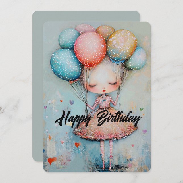 Happy Birthday Girl with Balloons Holiday Card (Front/Back)
