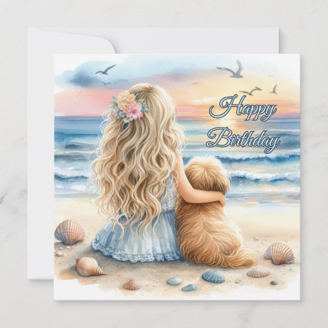 Happy Birthday Girl with Puppy on the Beach Card (Front)