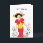 Happy Birthday Girlfriend Card<br><div class="desc">Girl in a bright red and yellow dress and a yellow hat. Daisies are all around her.</div>