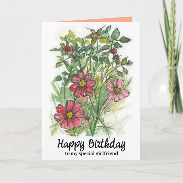 Happy Birthday Girlfriend Pink Cosmos Wildflowers Card (Front)