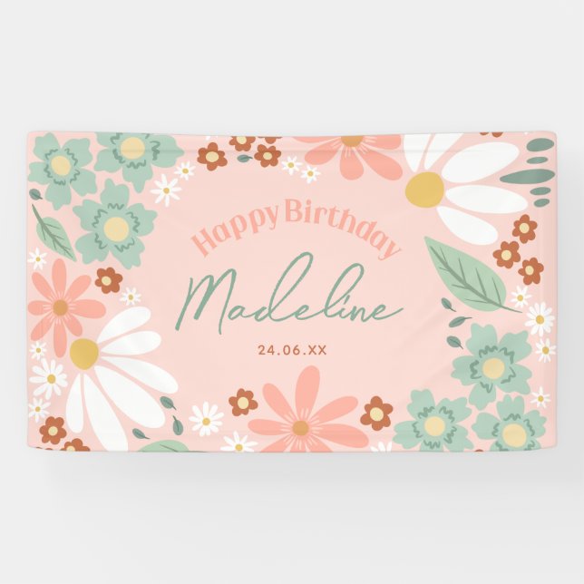 Happy Birthday Girls Cute Pink Daisy  Banner (Horizontal)