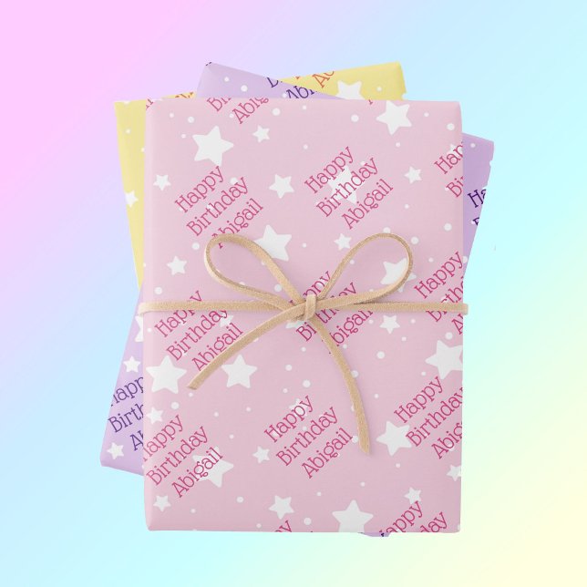 Happy Birthday Girls Name Pastel Stars 3 Wrapping Paper Sheet (Creator Uploaded)