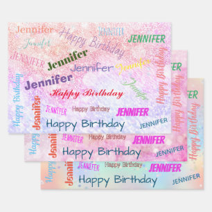 Happy Birthday Girly Custom Name Pink Wrapping Paper Sheet