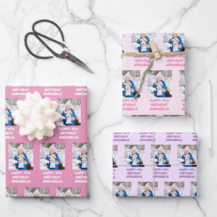 Happy Birthday Girly Name And Photo Pink And Lilac Wrapping Paper Sheet