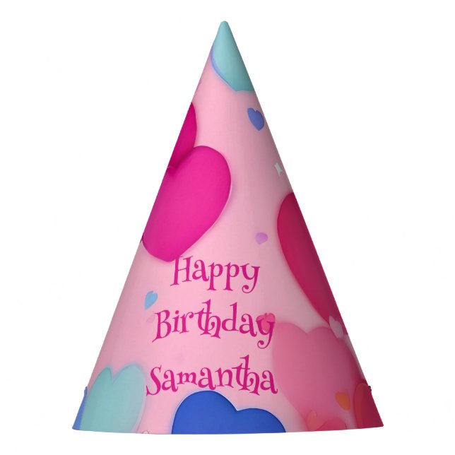 Happy Birthday Girly Pink Hearts Party Hat (Front)