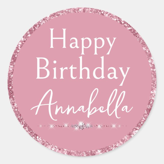 Happy Birthday Glamourous Pink Glitter and Diamond Classic Round Sticker (Front)