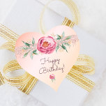 Happy Birthday glitter blush pink rose gold floral Heart Sticker<br><div class="desc">A romantic sticker for a 50th (or any age) birthday party. A rose gold and blush pink gradient background. A large pink watercolored rose, green leaves, foliage with small golden flowers. A rose gold faux glitter drip ribbon behind the flowers. With the text: Happy Birthday, written with a modern hand...</div>