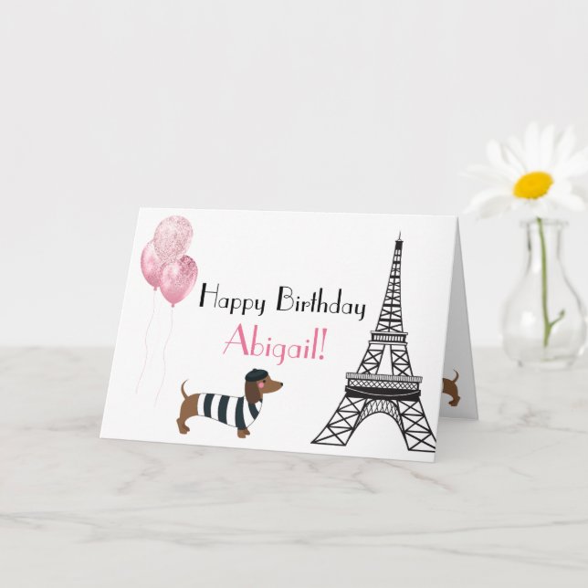 Happy Birthday Glitter Pink Heart Eiffel Tower Dog Card (Small Plant)