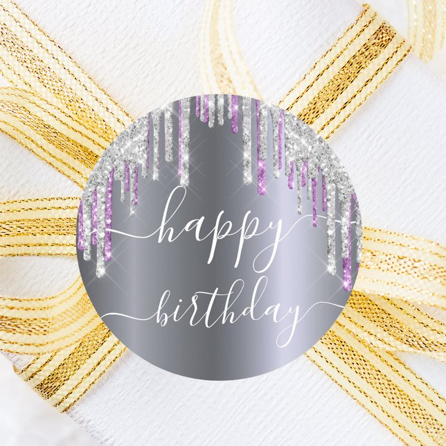 Happy Birthday glitter silver purple sparkle glam Classic Round Sticker (Creator Uploaded)