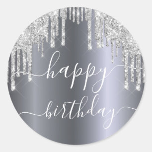 Happy Birthday glitter silver sparkle glam Classic Round Sticker