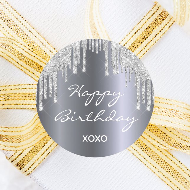 Happy Birthday glitter silver sparkle glam girly Classic Round Sticker (Creator Uploaded)