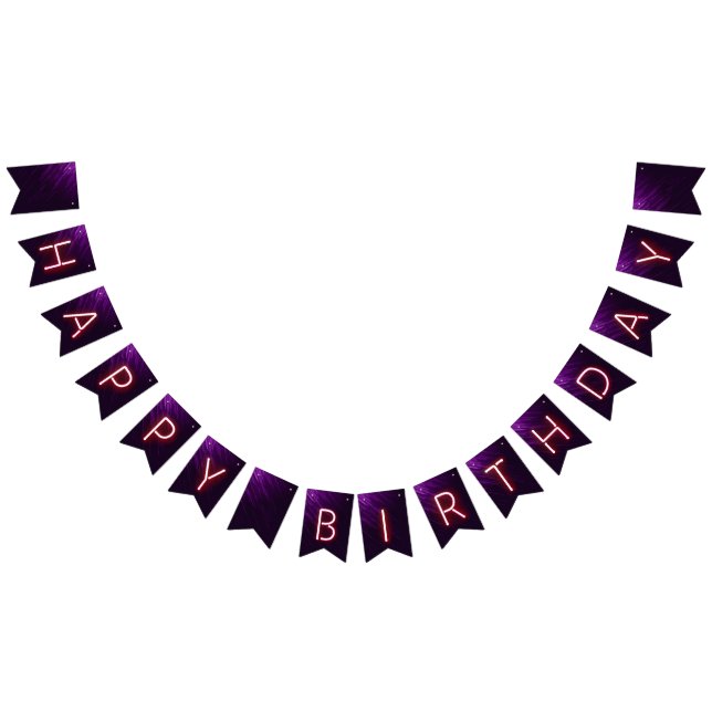 Happy Birthday Glowing Neon Lights on Dark Purple Bunting (All)