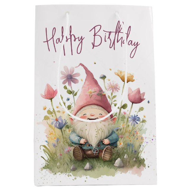 Happy Birthday Gnome In Flowers Medium Gift Bag (Front)