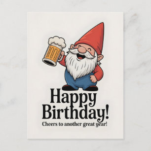 "Happy Birthday" Gnome Raising a Beer Postcard