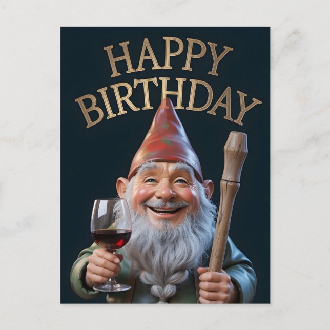 "Happy Birthday" Gnome Toasting with Red Wine Postcard (Front)