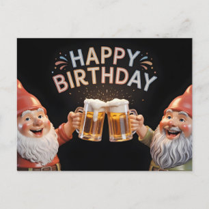"Happy Birthday" Gnomes Toasting Beer Mugs Holiday Postcard