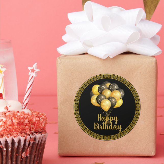 Happy Birthday, gold and black,  Classic Round Sticker (Party)